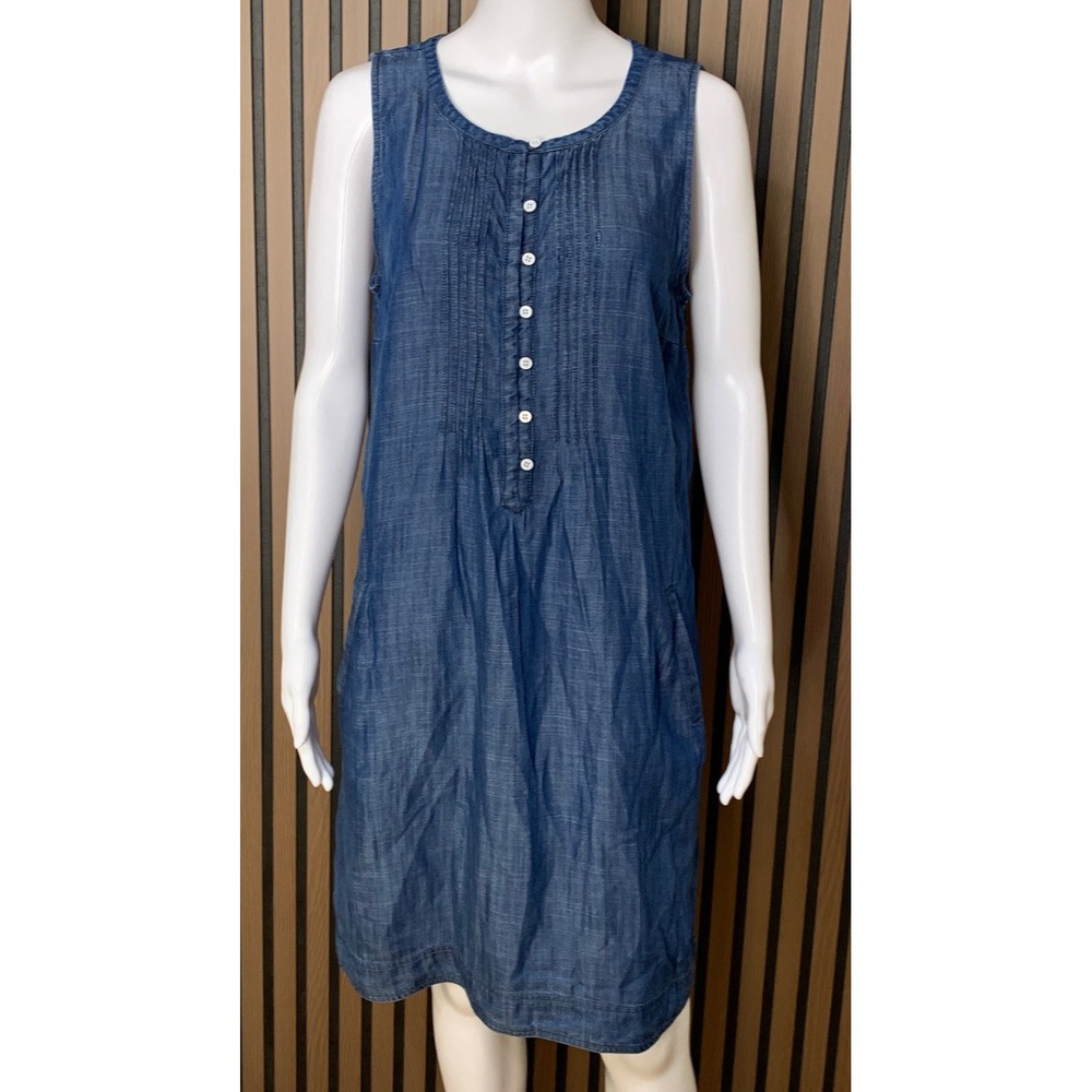 Talbots Blue Tencel Lyocell Sleeveless Pintuck Button Front Shift Dress Size 8